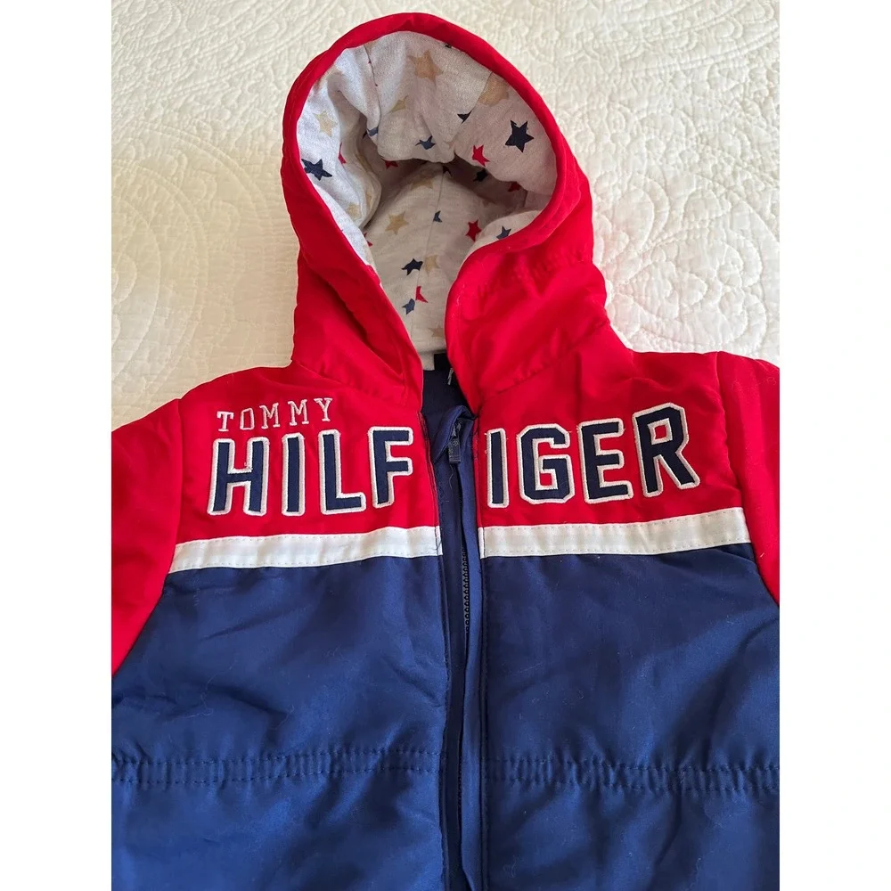 Tommy Hilfiger Baby Pram Suit Red Navy Blue Hooded Bunting 3-6M NEW